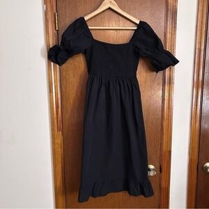 Angashion Black Puff Sleeve Smocked Midi Dress Cotton Cottagecore Small